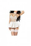 OQHAIR Femmes Baby Dolls Date Faux Cuir Bandage Blanc Mini Robe Sexy Évider PU Rivet Lingerie Clubwear Pole Dance Costume Bl