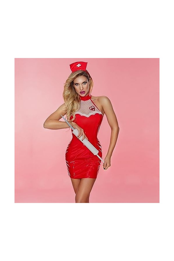 VETCS Robe Sexy pour Femmes en Cuir Verni Rouge Taille Unique Licou Cou sans Manches Dos Nu Poitrine Dentelle Robe et Couvre-