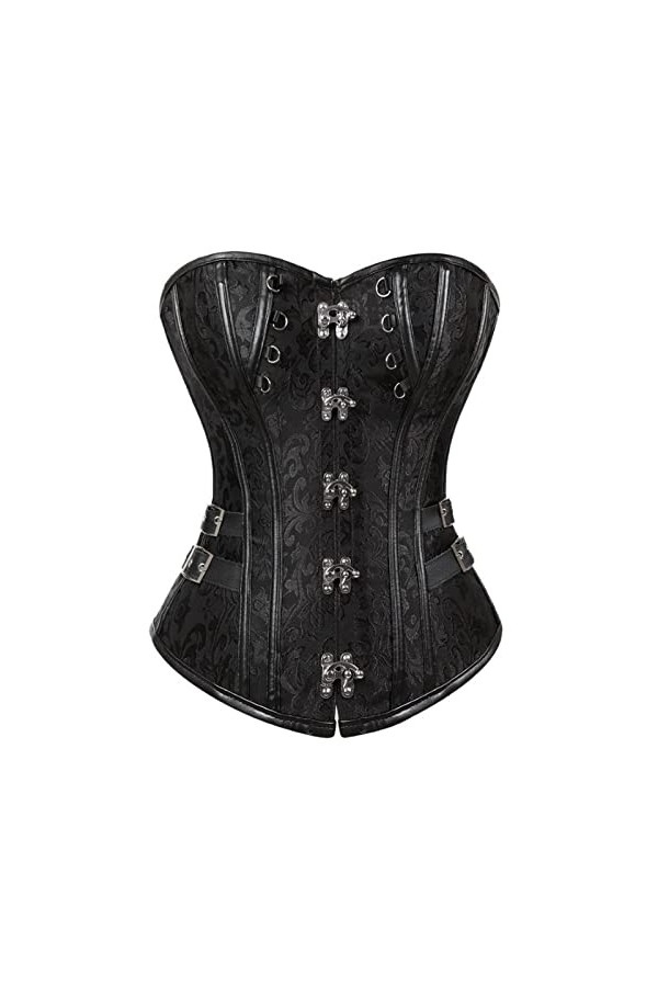 DELIGUO Bustiers et Corsets Femme - Steampunk Faux Cuir Burlesque Chaînes Corset Gothique Sexy Jacquard Bustier Lingerie Top,
