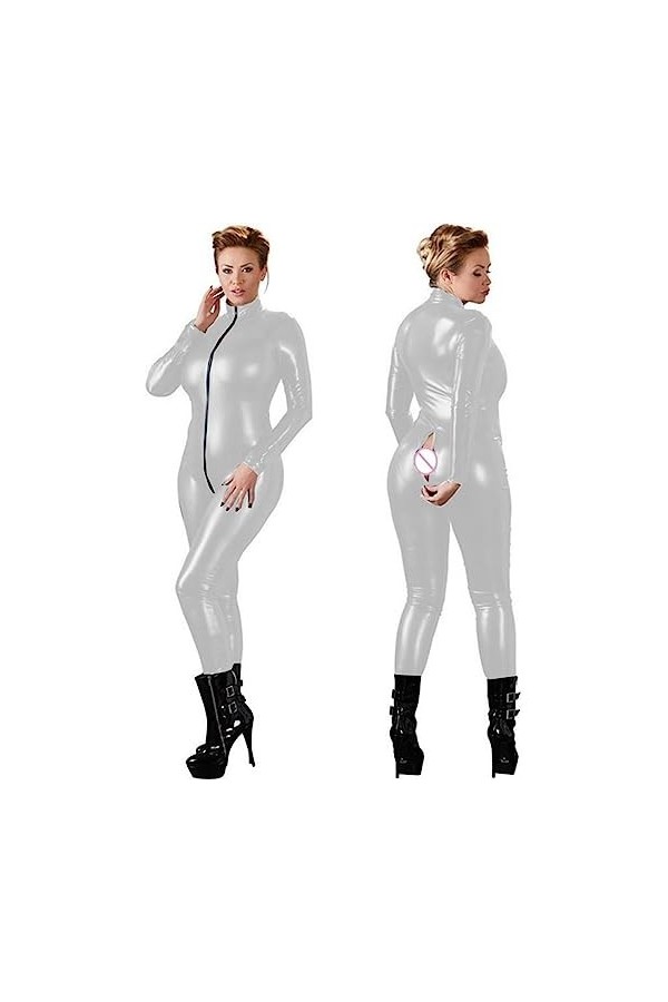 EshAls Combinaison en similicuir à manches longues avec fermeture éclair bidirectionnelle - Grande taille - Pour pole dance -
