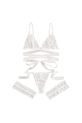 Vêtements de Nuit pour Femmes Lingerie Sexy pour sous-vêtements Sexy pour Femmes Ensemble Soutien-Gorge String jarretière Lin