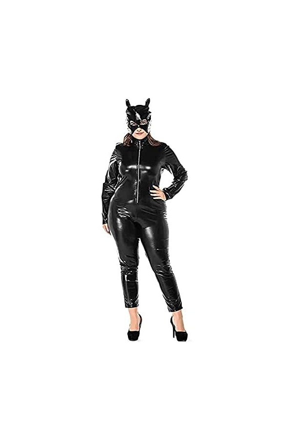 Faux Cuir Body Femmes En Cuir Verni Catsuit Halloween Cosplay Costume Fermeture Éclair Avant Clubwear Combinaison,Noir,X-Gran