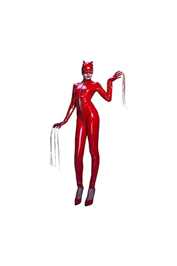 Femmes Sexy Body En Cuir Verni Brillant Catsuit Zipper Performance Vêtements,Rouge,X-Grand