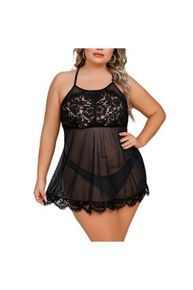 Femmes Grande Taille Teddy Sexy Maille Creux Sangle Chemise de Nuit 2 Pièces Dentelle Exotique Mini Nuisette Lingerie avec Cu