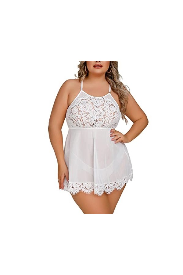 Femmes Grande Taille Teddy Sexy Maille Creux Sangle Chemise de Nuit 2 Pièces Dentelle Exotique Mini Nuisette Lingerie avec Cu