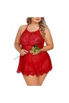 Femmes Grande Taille Teddy Sexy Maille Creux Sangle Chemise de Nuit 2 Pièces Dentelle Exotique Mini Nuisette Lingerie avec Cu