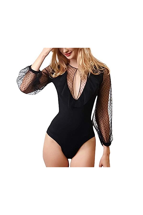 OQHAIR Femmes Sexy Bodys Dentelle Autunm Bodys Femmes Printemps Sexy Body Dentelle Dot Patchwork Combinaison Noir sans Coutur