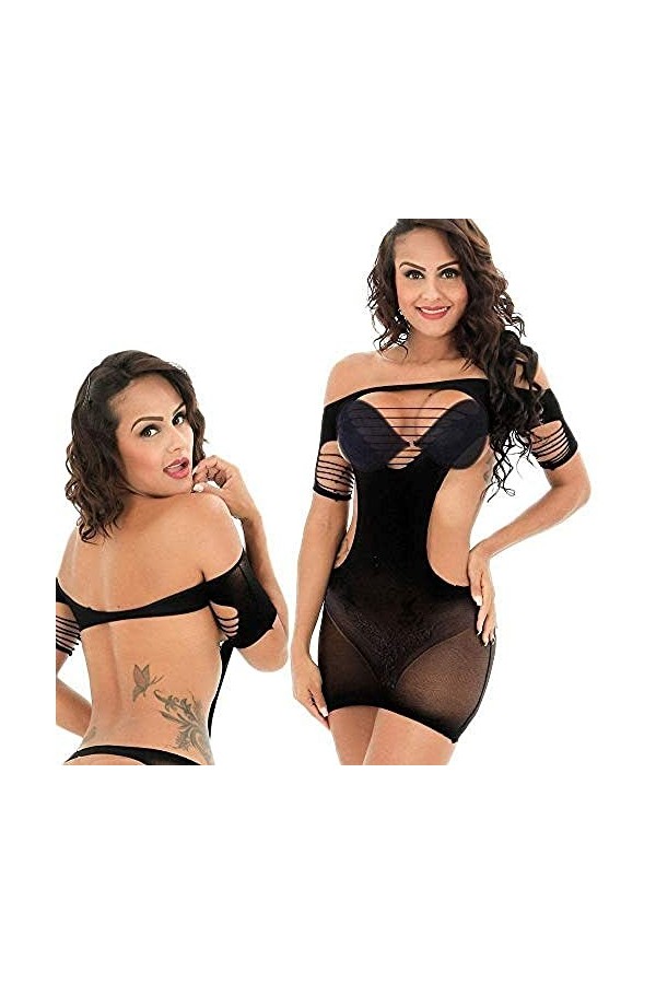 FemmeChemises de nuit et chemises de nuitLingerie sexy Robe ajourée en filet de dentelle noire Mini robe courte Vêtements exo