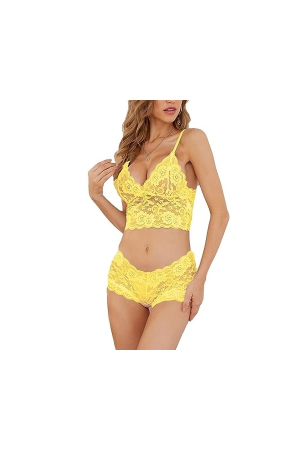 Lilosy Ensemble de lingerie sexy à bretelles en dentelle florale avec soutien-gorge et culotte 2 pièces, orange, M