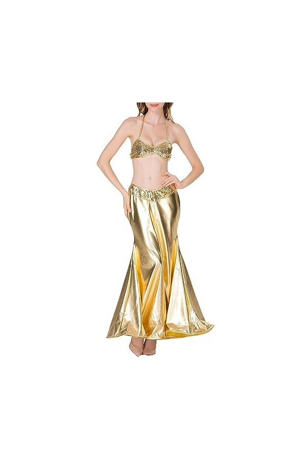 VETCS Déguisement Sexy Femme Costume Sirène Halloween sans Manches Licou et Jupe Ensemble Cosplay Costume en Cuir Verni,dor,