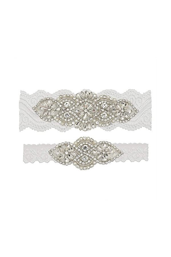 TONZN Jarretière en Dentelle pour Dames,Accessoires de Mariage Nuptiale Jarretière en Strass Faite à la Main-Blanc AW_XL,Cein