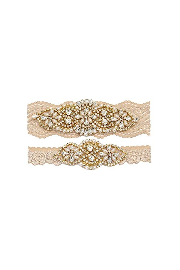 TONZN Jarretière de Mariage Nuptiale Cadeau pour la mariée, mariée Strass Applique Dentelle Jambe Boucle jarretière-Champagne