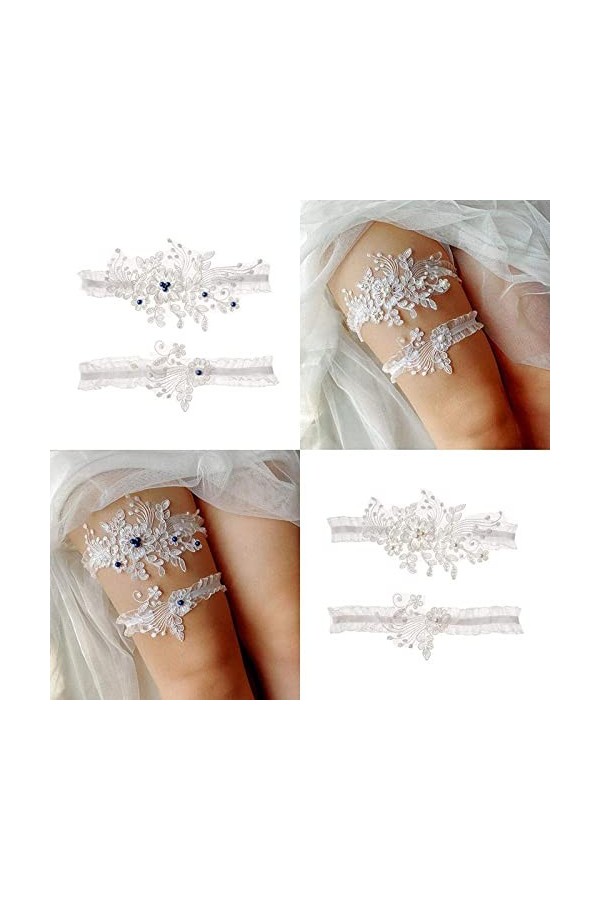 TONZN Jarretière de Mariage en Dentelle Florale, Accessoires de Perle Sexy en Dentelle de mariée jarretière-Perle B_Taille Un