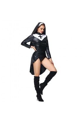 VETCS La Nonne Costume en Cuir Verni Uniforme Discothèque Performance Costume Prêtre Cosplay Robe avec Turban,Noir,L