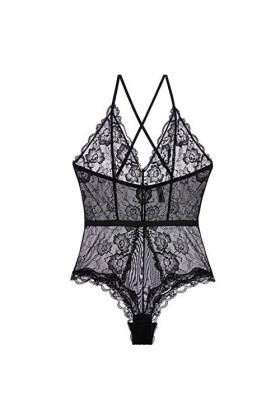 DLT Sexy Cils Dentelle col V Profond Femmes Chemises, Combinaison Chaude Mesh Lady Lingerie, Robe Sale Cou Nu Couleur : Noir