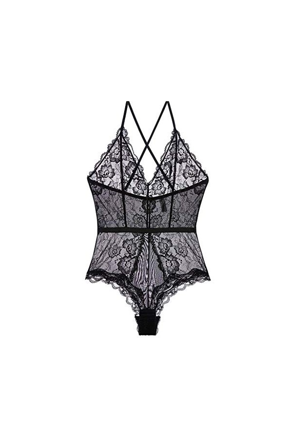 DLT Sexy Cils Dentelle col V Profond Femmes Chemises, Combinaison Chaude Mesh Lady Lingerie, Robe Sale Cou Nu Couleur : Noir