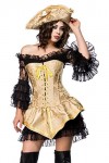 Costume de pirate pour femme avec robe, corsage, chapeau et dentelle en brocart noir doré M foncé