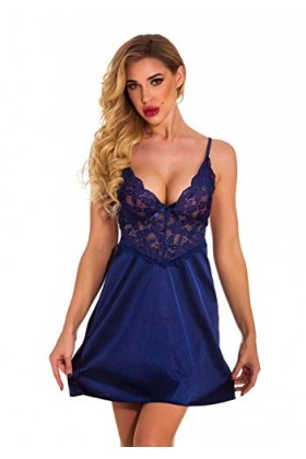 Lingerie Sexy Saint Valentin,Ensemble de Lingerie Sexy en Soie à Col en V pour Femme Vêtements de Nuit avec Dentelle Épissure