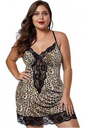 AKAZI Lingerie Sexy pour la Saint-Valentin, Ensemble de Lingerie Sexy léopard Grande Taille pour Femmes, Nuisette à col en V,