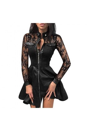 UUKR PLUS Taille Femmes Robe de fermeture à glissière Sexy dentelle en dentelle à manches longues Patchwork PU Cuir Robes Bou
