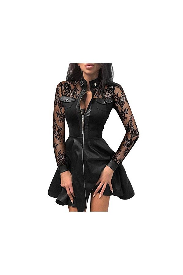 UUKR PLUS Taille Femmes Robe de fermeture à glissière Sexy dentelle en dentelle à manches longues Patchwork PU Cuir Robes Bou