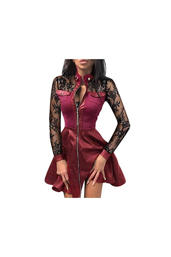 UUKR PLUS Taille Femmes Robe de fermeture à glissière Sexy dentelle en dentelle à manches longues Patchwork PU Cuir Robes Bou