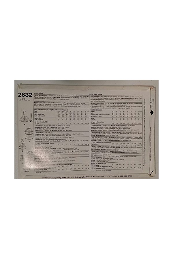 Simplicit 2832 Royal Costume robe courte Taille 6 12 pour femme