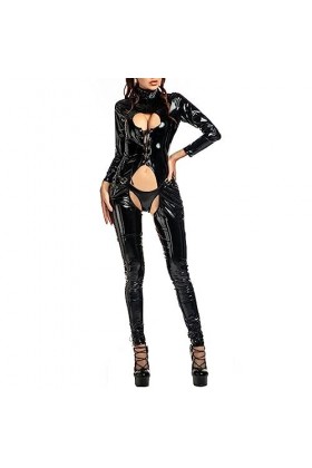 VETCS Combinaison en cuir Verni PU Pour Femme Combinaison en cuir Brillant À Manches Longues Body Sexy en Miroir Creux,Noir,X