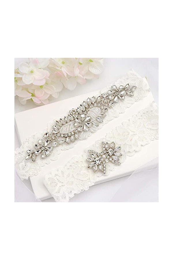 Jarretière de Mariage en Dentelle Florale, Accessoires de Mariage Nuptiale Porte-Jarretelles en Dentelle Extensible avec Stra