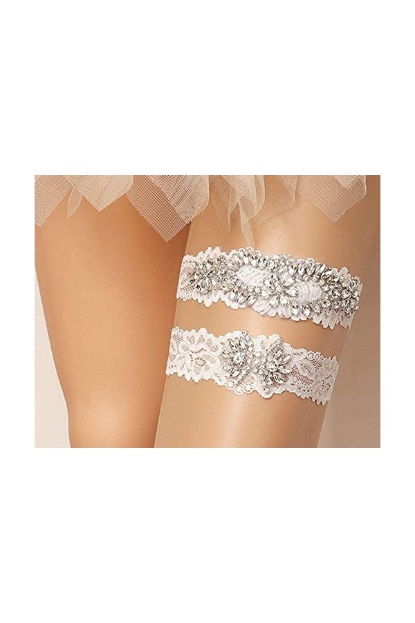 Jarretière de Mariage en Dentelle Florale, Accessoires de Mariage Nuptiale Porte-Jarretelles en Dentelle Extensible avec Stra