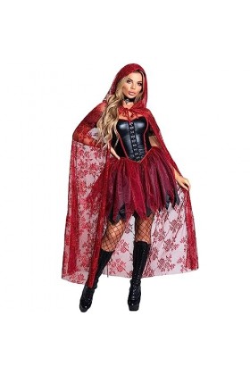 VETCS Costumes dhalloween pour Femmes Sexy Bretelles Épaules Plates Robe Mode Adulte Cosplay Robe avec Cape,Rouge,XL