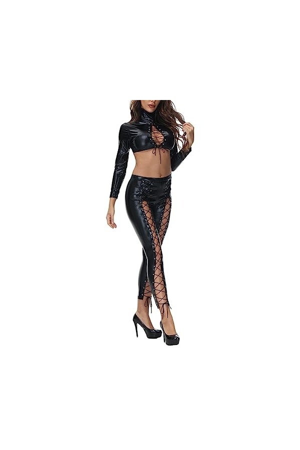 VETCS Costume En Cuir Verni Serré Pour Femmes Cosplay Sexy Slim Strap Cutout Sheer Dress Long Sleeve Top And Pants Set,Noir,X