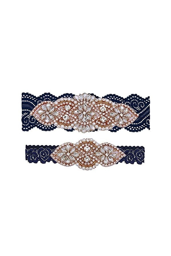 Jarretière en dentelle avec,Accessoires de robe de mariée avec boucle de jambe en dentelle cloutée de diamants-Bleu Marine AO