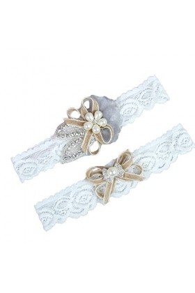 TONZN Jarretière en Cristal de Mariage, Accessoires de Mariage Nuptiale élastique jarretière en Dentelle Boucle de Jambe-Blan