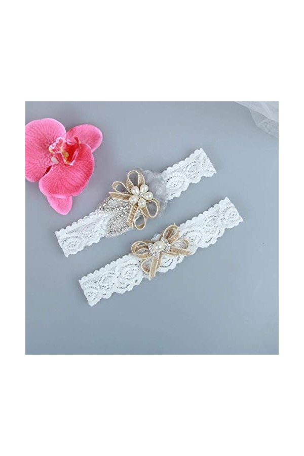 TONZN Jarretière en Cristal de Mariage, Accessoires de Mariage Nuptiale élastique jarretière en Dentelle Boucle de Jambe-Blan