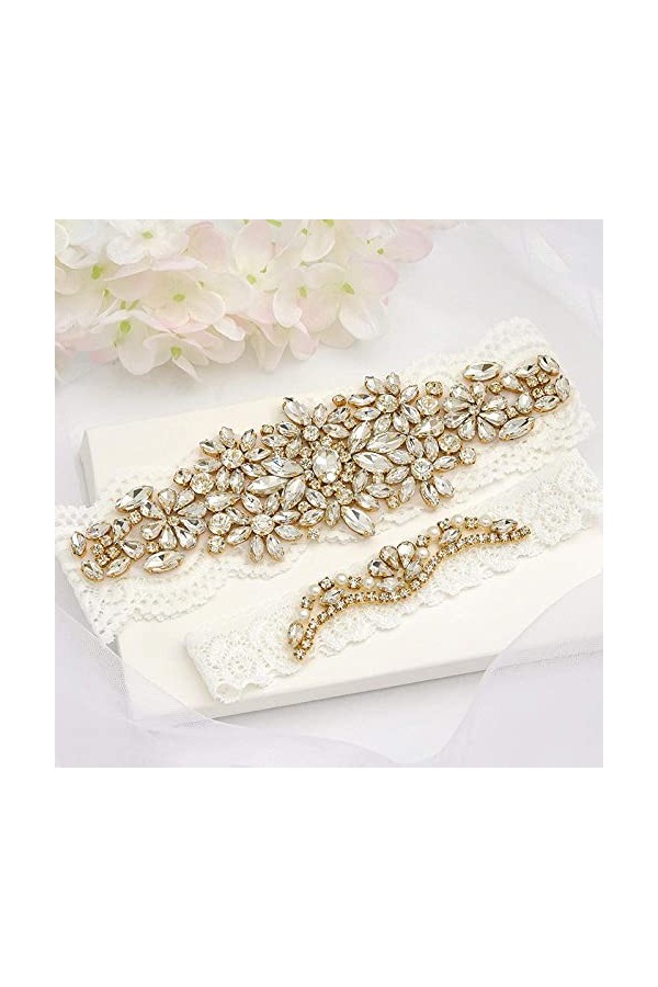 Jarretière en Dentelle avec Ornement, Accessoires de Mariage Nuptiale jarretière en Dentelle Extensible-Or Rose_M, jarretière