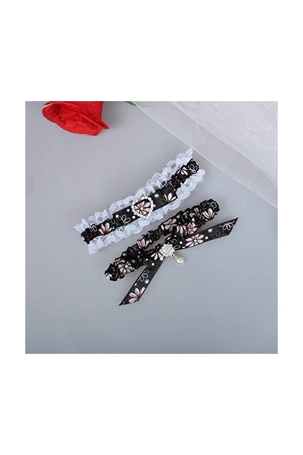 Cadeaux Jarretière personnalisée, Jambe de Mariage Nuptiale imprimée en Noir avec Porte-Jarretelles-Black 5pcs_XL, Jarretière