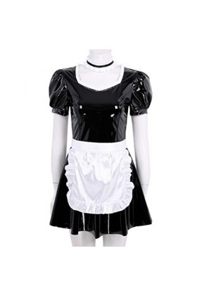 SHENGANG Homme Femme en Cuir Verni Corset Sexy Servante Française Uniforme Robe évasée avec Tablier Cosplay Costume, Hallowee