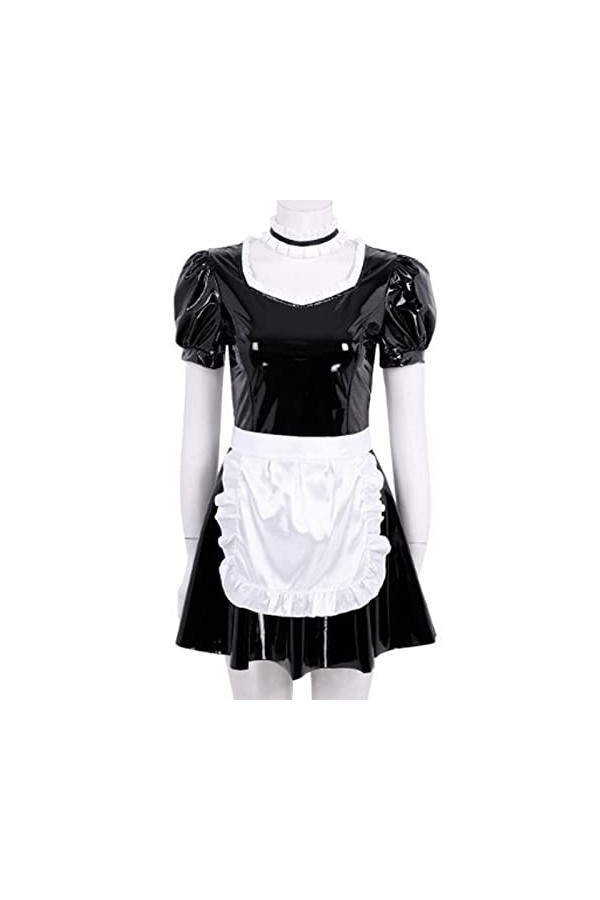 SHENGANG Homme Femme en Cuir Verni Corset Sexy Servante Française Uniforme Robe évasée avec Tablier Cosplay Costume, Hallowee