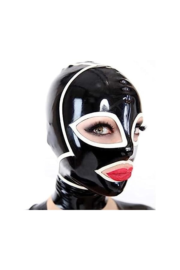 Capuche En Latex Noir Avec Fermeture À Glissière Arrière À Bord Blanc Masque En Caoutchouc Sexy Costume De Fête De Club,Grand