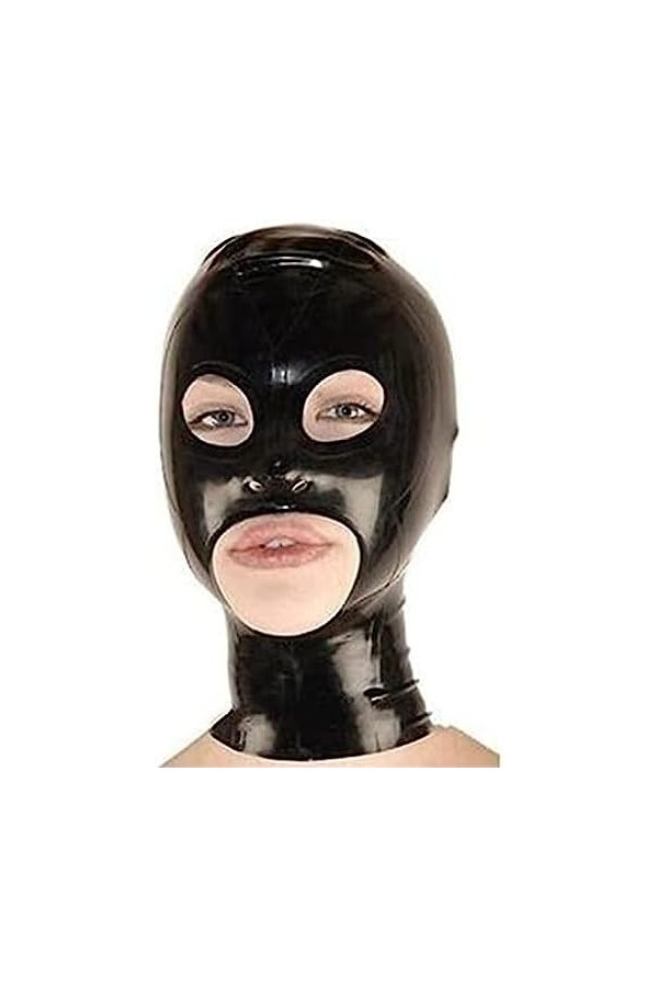 Capuche En Latex Noir Fermeture À Glissière Arrière Yeux Ouverts Bouche Nez Pour Masque En Caoutchouc Catsuit Tenue De Fête D