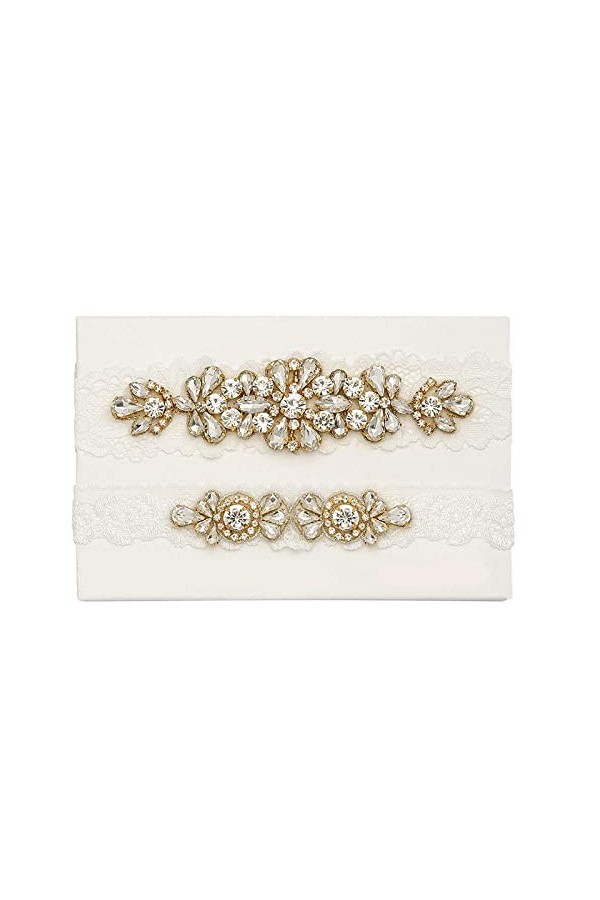 TONZN Jarretière en Dentelle avec, Accessoires de Mariage Nuptiale Cristal Strass Dentelle Jambe Anneau jarretière-Blanc_L, C