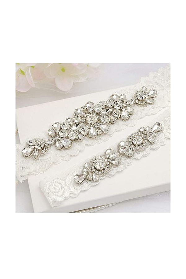 TONZN Jarretière en Dentelle avec, Accessoires de Mariage Nuptiale Cristal Strass Dentelle Jambe Anneau jarretière-Blanc_L, C
