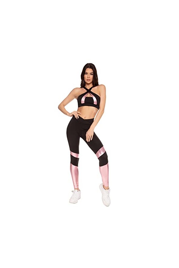 Dreamgirl Ensemble de yoga 2 pièces pour femme, Noir/rose métallisé, L