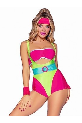 Leg Avenue 5 PC 80s Workout Hottie, includes bandeau, suspender romper, belt, wrist bands, and headband.