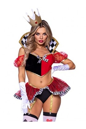 Leg Avenue 3 PC Wicked Wonderland Queen, includes tow-tone boned crop top with stay up collar and broach accent, garter panty