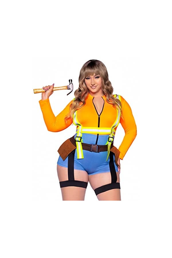 Leg Avenue 2 PC Nailed It Construction Worker, includes zip up romper and reflective garter harness with tool pockets.