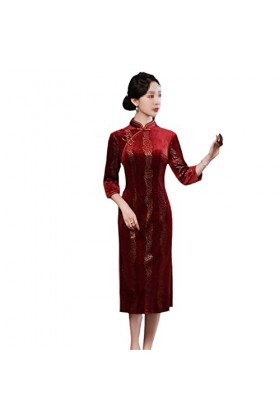 Élégant bijou traditionnel chinois en velours doré Qipao à sept points, Rouge, XX-Large