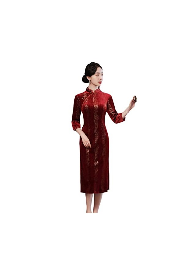 Élégant bijou traditionnel chinois en velours doré Qipao à sept points, Rouge, XX-Large