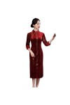 Élégant bijou traditionnel chinois en velours doré Qipao à sept points, Rouge, XX-Large